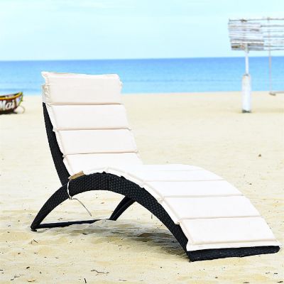 Costway Folding Patio Rattan Lounge Chair Chaise Cushioned Portable Garden Lawn Black Image 3