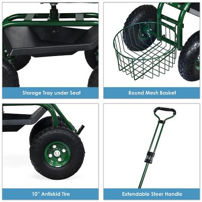 Costway Garden Cart Rolling Work Seat w/Tray Basket E xtendable Handle Green Image 2
