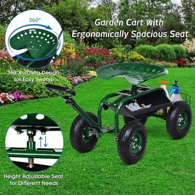 Costway Garden Cart Rolling Work Seat w/Tray Basket E xtendable Handle Green Image 3