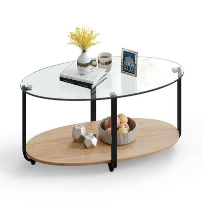 Costway Glass-Top Coffee Table 2-Tier Modern Oval Side Sofa Table w/ Storage Shelf Image 1