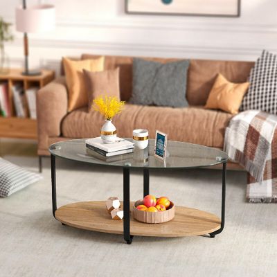 Costway Glass-Top Coffee Table 2-Tier Modern Oval Side Sofa Table w/ Storage Shelf Image 2