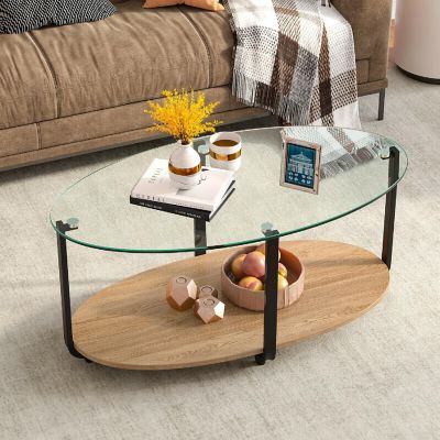 Costway Glass-Top Coffee Table 2-Tier Modern Oval Side Sofa Table w/ Storage Shelf Image 3
