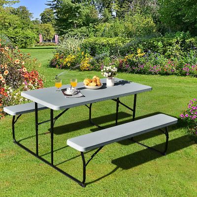 Costway Indoor & Outdoor Folding Picnic Table Bench Set w/ Wood-like Texture Grey Image 1