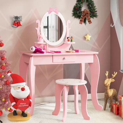 Costway Kid Vanity Table Stool Set with Adjustable Mirror Storage Drawer Makeup Pink Image 1