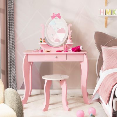 Costway Kid Vanity Table Stool Set with Adjustable Mirror Storage Drawer Makeup Pink Image 2