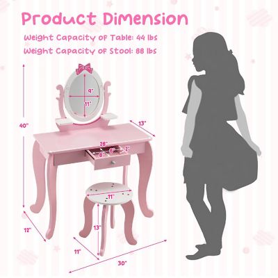 Costway Kid Vanity Table Stool Set with Adjustable Mirror Storage Drawer Makeup Pink Image 3