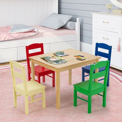 Costway Kids 5 Piece Table Chair Set Pine Wood Multicolor Children Play Room Furniture Image 2