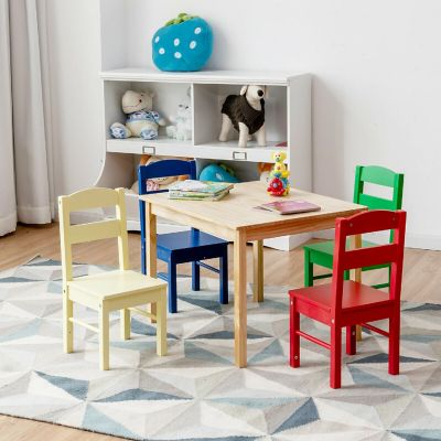 Costway Kids 5 Piece Table Chair Set Pine Wood Multicolor Children Play Room Furniture Image 3