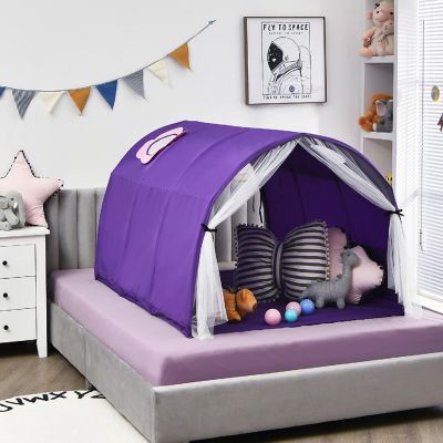 Costway Kids Bed Tent Play Tent Portable Playhouse Twin Sleeping w/Carry Bag Purple Image 1