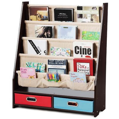 Costway Kids Book Rack Toys Organizer with 4 Sling Bookshelf & 2 Boxes Espresso Image 1