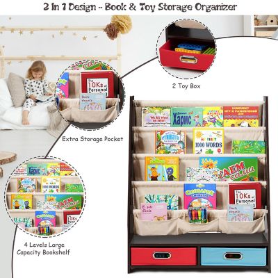 Costway Kids Book Rack Toys Organizer with 4 Sling Bookshelf & 2 Boxes Espresso Image 3