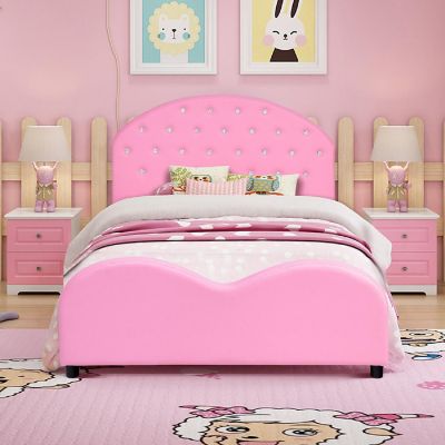 Costway Kids Children PU Upholstered Platform Wooden Princess Bed Bedroom Furniture Pink Image 1