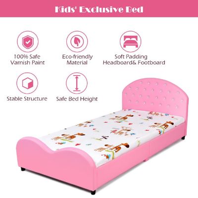 Costway Kids Children PU Upholstered Platform Wooden Princess Bed Bedroom Furniture Pink Image 2