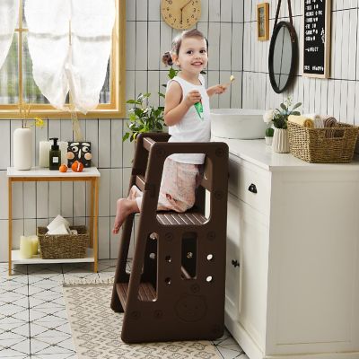 Costway Kids Kitchen Step Stool with Double Safety Rails Toddler Learning Stool Brown Image 1