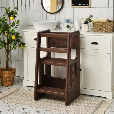 Costway Kids Kitchen Step Stool with Double Safety Rails Toddler Learning Stool Brown Image 2
