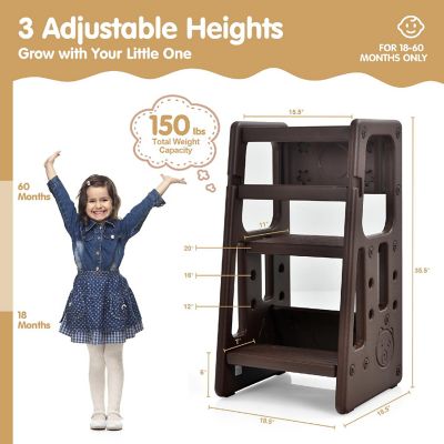 Costway Kids Kitchen Step Stool with Double Safety Rails Toddler Learning Stool Brown Image 3