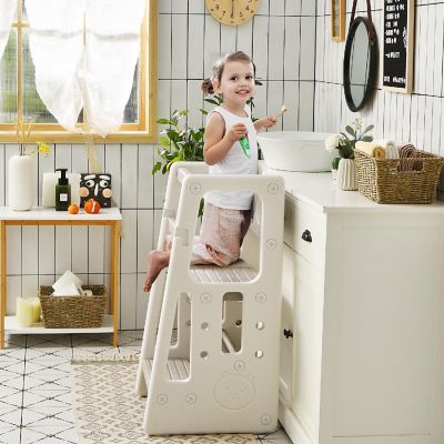 Costway Kids Kitchen Step Stool with Double Safety Rails Toddler Learning Stool Gray Image 1