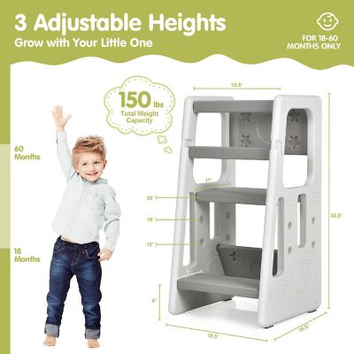 Costway Kids Kitchen Step Stool with Double Safety Rails Toddler Learning Stool Gray Image 2