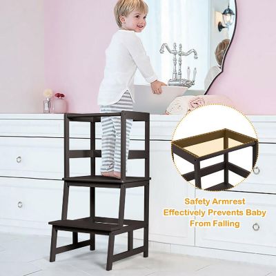 Costway Kids Kitchen Step Stool Wooden Toddler Stand Helper w/ Safety Rail Brown Image 2