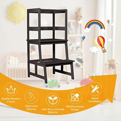 Costway Kids Kitchen Step Stool Wooden Toddler Stand Helper w/ Safety Rail Brown Image 3