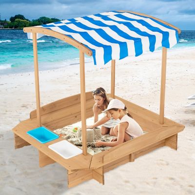 Costway Kids Large Wooden Sandbox w/ 2 Bench Seats Outdoor Play Station for Children Image 2