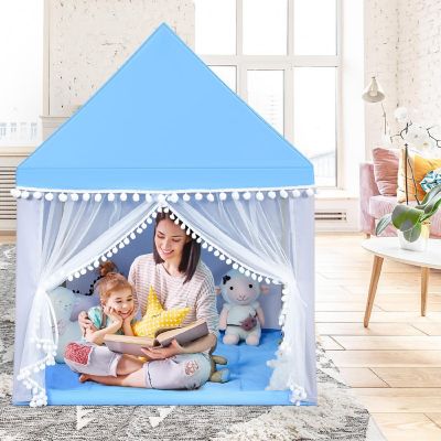 Costway Kids Play Tent Large Playhouse Children Play Castle Fairy Tent&#160;Gift w/ Mat Blue Image 2