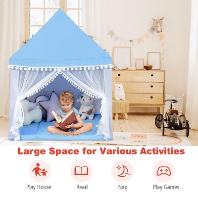 Costway Kids Play Tent Large Playhouse Children Play Castle Fairy Tent&#160;Gift w/ Mat Blue Image 3