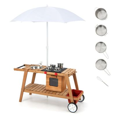 Costway Kid's Play Trolley Outdoor Wooden Kids Play Cart with Sun Umbrella  for Toddlers 3+ Image 1