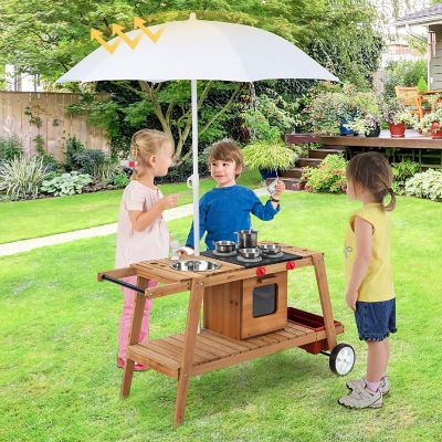 Costway Kid's Play Trolley Outdoor Wooden Kids Play Cart with Sun Umbrella  for Toddlers 3+ Image 1