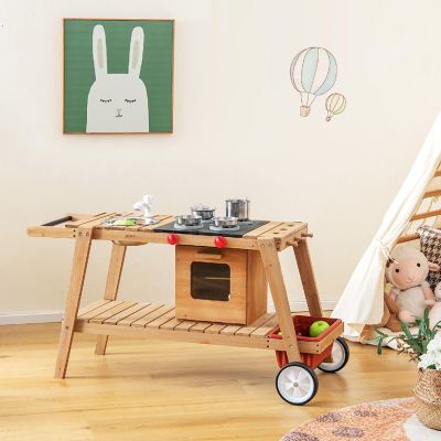 Costway Kid's Play Trolley Outdoor Wooden Kids Play Cart with Sun Umbrella  for Toddlers 3+ Image 2