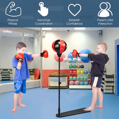 Costway Kids Punching Bag w/Adjustable Stand Boxing Gloves Boxing Set, Red Image 3