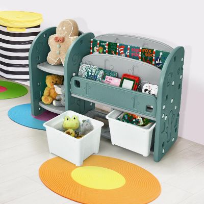 Costway Kids Toy Storage Organizer w/ 2-Tier Bookshelf & Plastic Bins Image 2