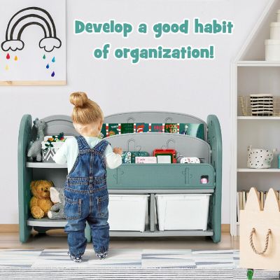 Costway Kids Toy Storage Organizer w/ 2-Tier Bookshelf & Plastic Bins Image 3