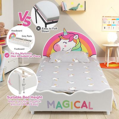 Costway Kids Upholstered Platform Bed Children Twin Size Wooden Bed Unicorn Pattern Image 3