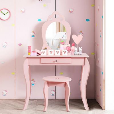 Costway Kids Vanity Set Princess Makeup Dressing Play Table Set W/Mirror  Pink Image 1