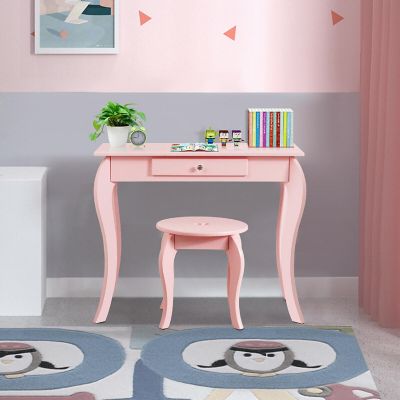 Costway Kids Vanity Set Princess Makeup Dressing Play Table Set W/Mirror  Pink Image 3