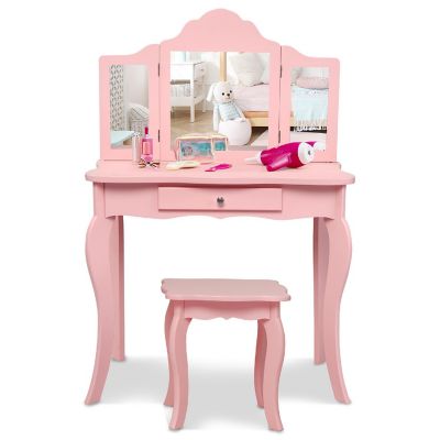 Costway Kids Vanity Table & Stool Princess Dressing Make Up Play Set for Girls Pink Image 1