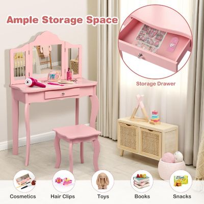 Costway Kids Vanity Table & Stool Princess Dressing Make Up Play Set for Girls Pink Image 2