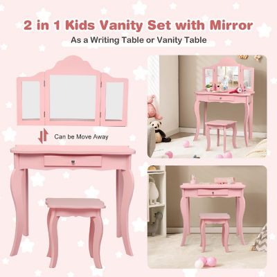 Costway Kids Vanity Table & Stool Princess Dressing Make Up Play Set for Girls Pink Image 3