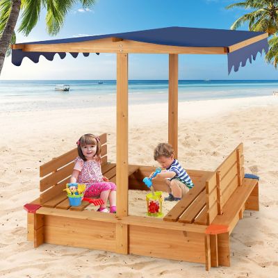 Costway Kids Wooden Sandbox w/ Canopy & 2 Bench Seats Bottom Liner for Outdoor Image 1