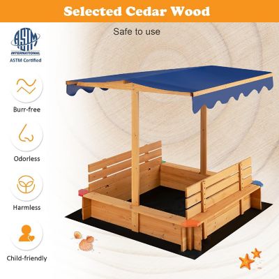 Costway Kids Wooden Sandbox w/ Canopy & 2 Bench Seats Bottom Liner for Outdoor Image 2