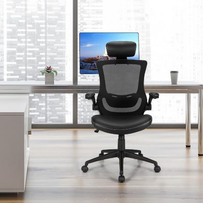 Costway Mesh Back Adjustable Swivel Office Chair w/ Flip up Arms Leather Seat Image 2