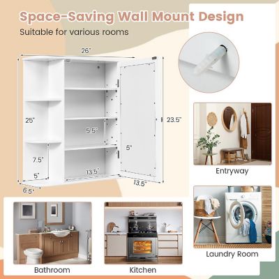 Costway Multipurpose Mount Wall Surface Bathroom Storage Cabinet Mirror White Image 2