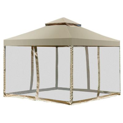 Costway Outdoor 2-Tier 10'x10' Gazebo Canopy Shelter Awning Tent Patio Garden Screw-free structure Brown Image 1