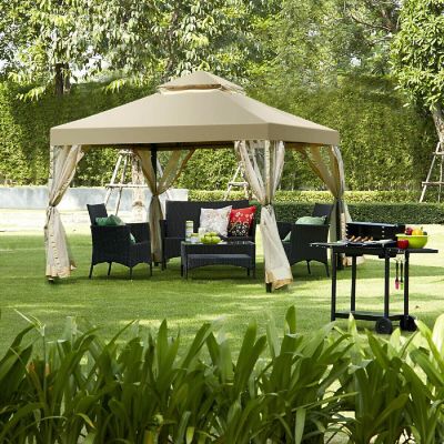 Costway Outdoor 2-Tier 10'x10' Gazebo Canopy Shelter Awning Tent Patio Garden Screw-free structure Brown Image 3