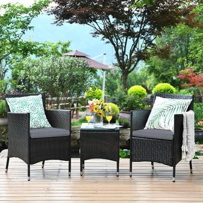 Costway Outdoor 3 PCS PE Rattan Wicker Furniture Sets Chairs  Coffee Table Garden Gray Image 1