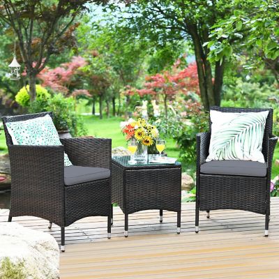 Costway Outdoor 3 PCS PE Rattan Wicker Furniture Sets Chairs  Coffee Table Garden Gray Image 1