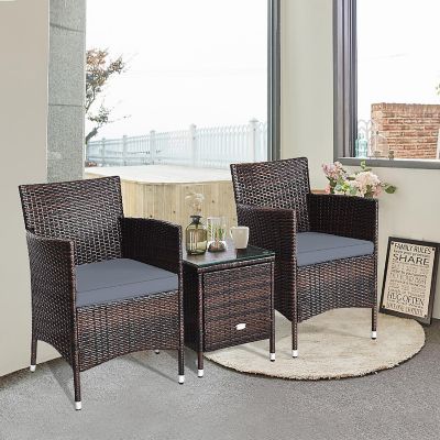 Costway Outdoor 3 PCS PE Rattan Wicker Furniture Sets Chairs  Coffee Table Garden Gray Image 2