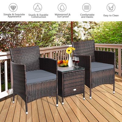 Costway Outdoor 3 PCS PE Rattan Wicker Furniture Sets Chairs  Coffee Table Garden Gray Image 3