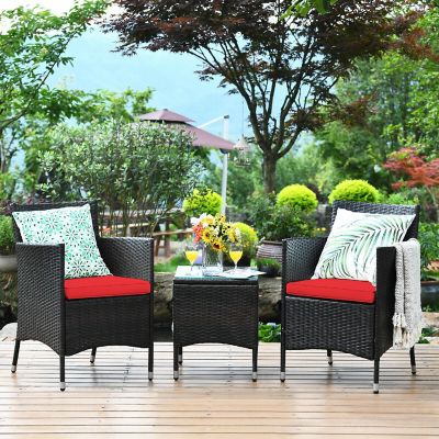 Costway Outdoor 3 PCS PE Rattan Wicker Furniture Sets Chairs  Coffee Table Garden Red Image 1